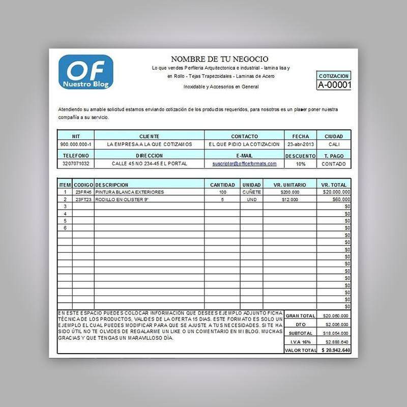 Cotización impresa con tabla de precios