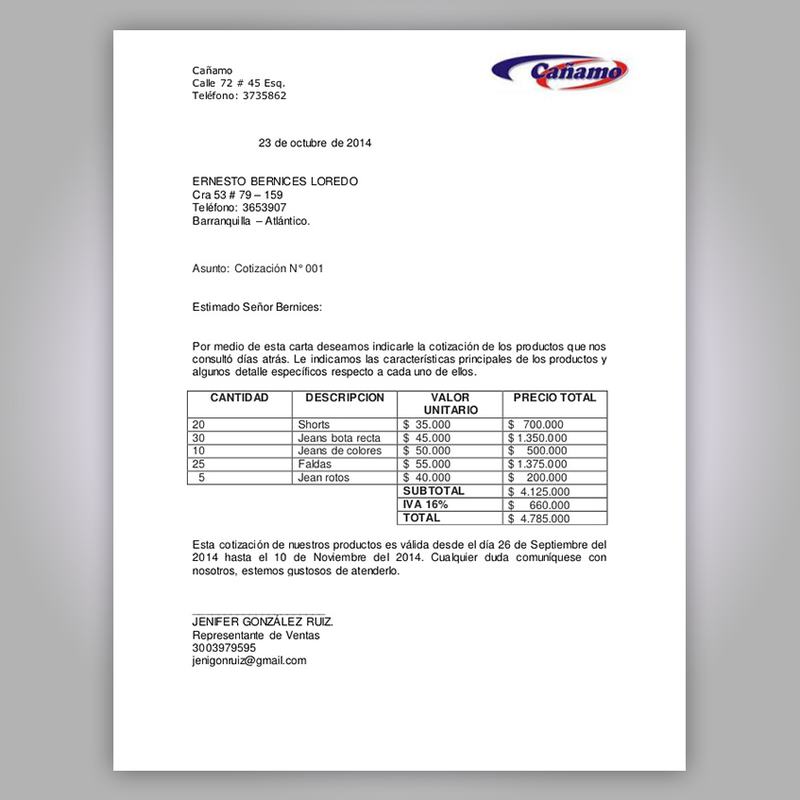 Carta de cotización en hoja membretada