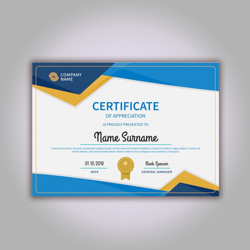 Certificado con franja azul y dorada