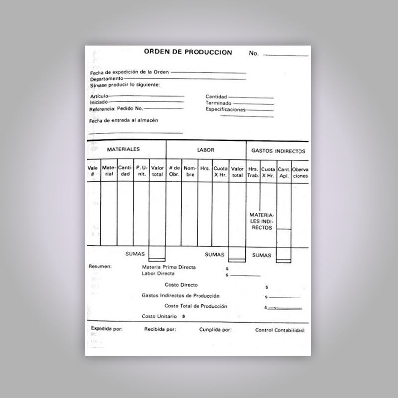 Orden de producción con tabla de cantidades