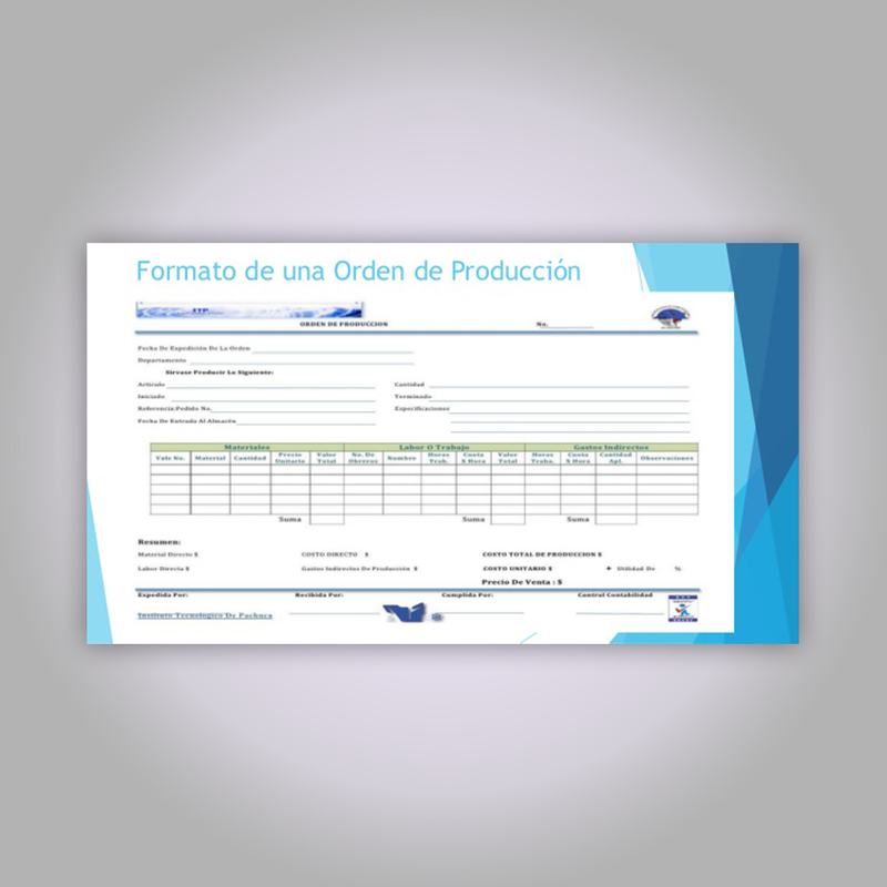 Formato de orden de producción con membrete azul