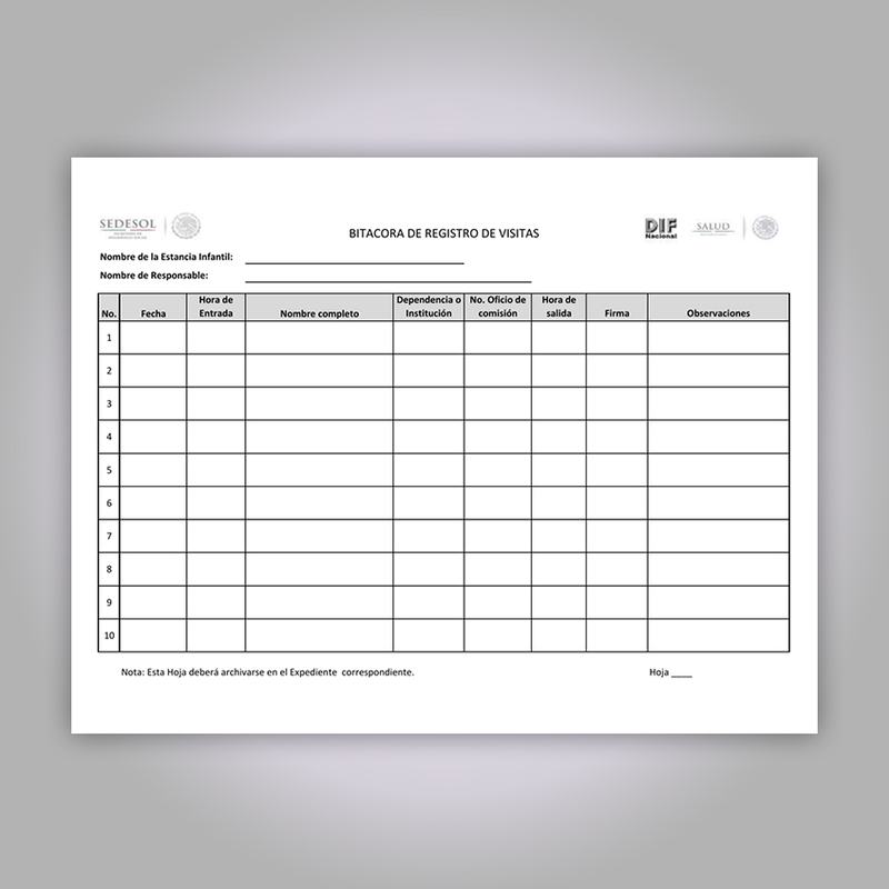 Registro de visita con filas en blanco