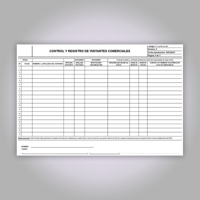 Planilla de control y registro de visitantes